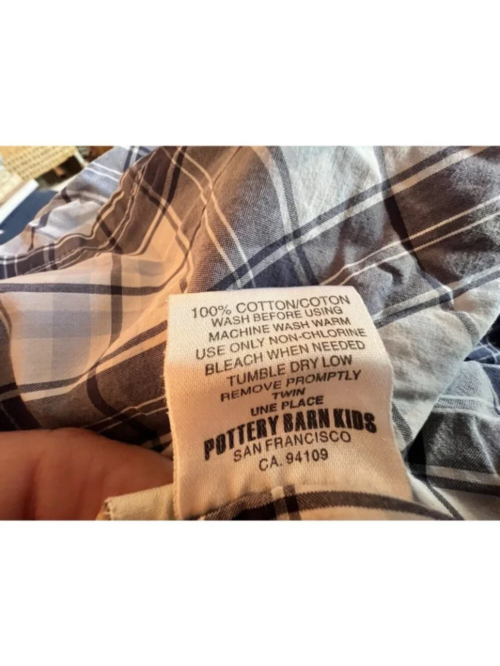 POTTERY BARN KIDS Plaid Duvet Cover Twin Navy Blue White 100% Cotton Children